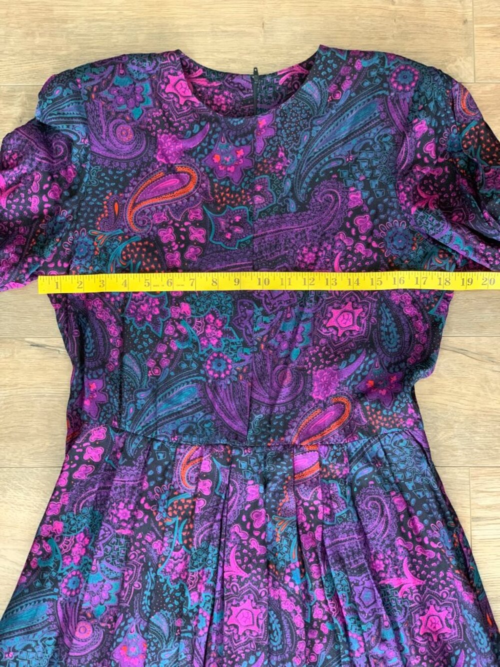 Vintage Paisley Maxi Midi Dress M Purple Pleated Long Puff Sleeve Pockets Modest - Picture 13 of 16
